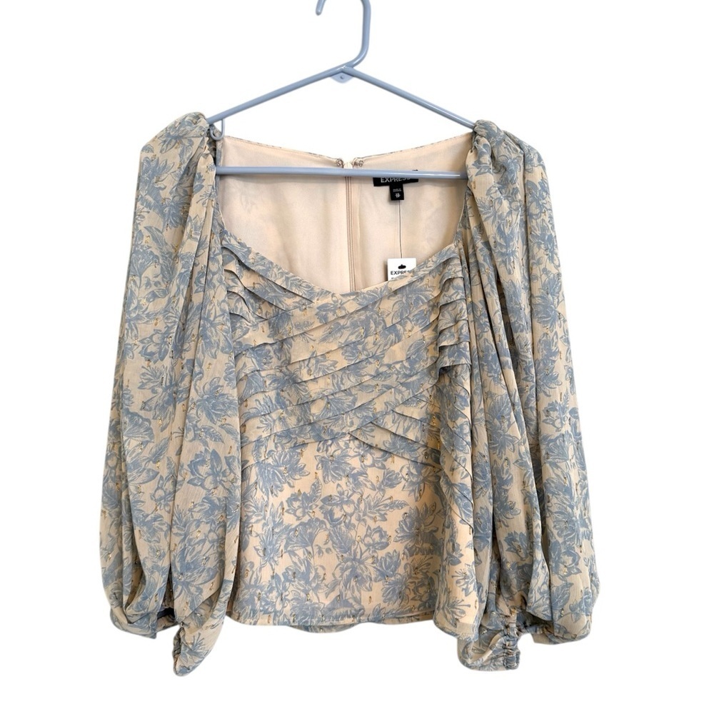 Express - Blue and Cream Floral Dressy Long Sleeve Blouse - XS - NWT